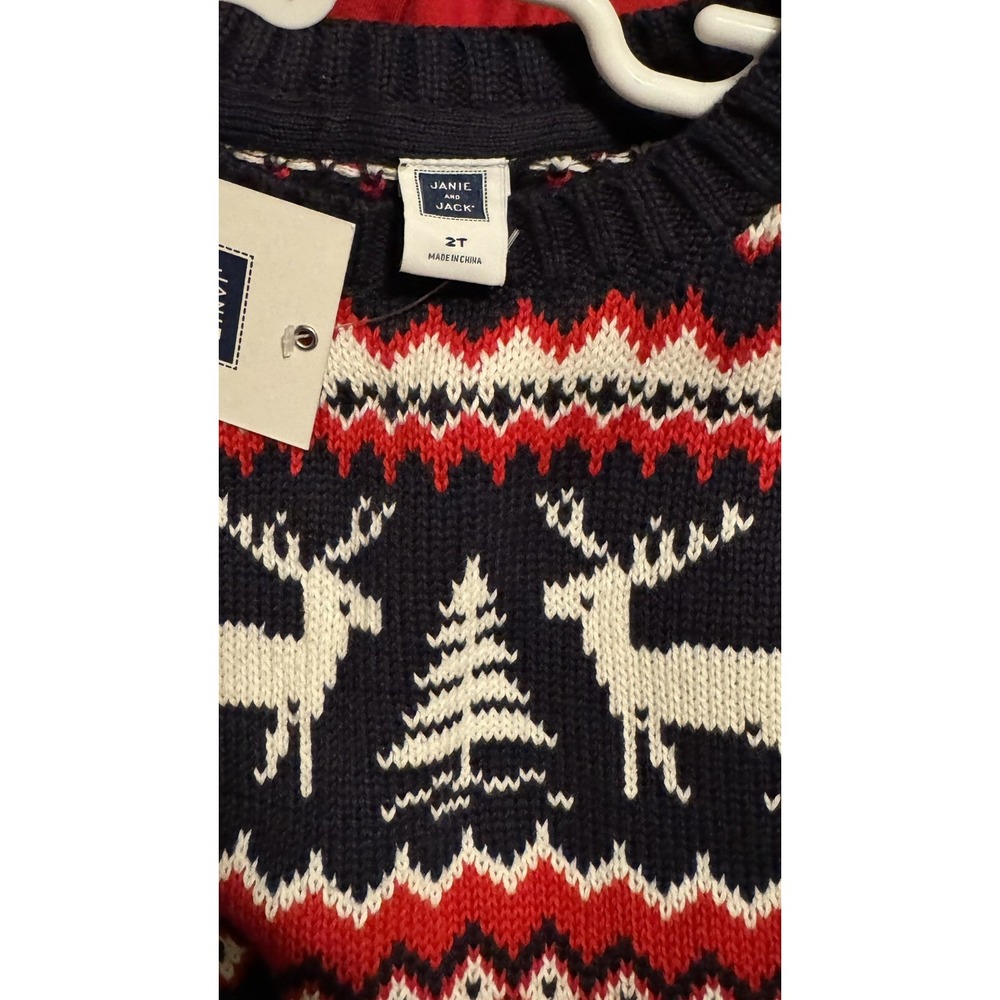 Janie and Jack Reindeer Holiday Sweater Navy Blue Red Fair Isle 2T NEW - Picture 3 of 3